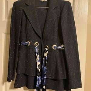 St. John Black Blazer and matching skirt with Blue Floral Accents.